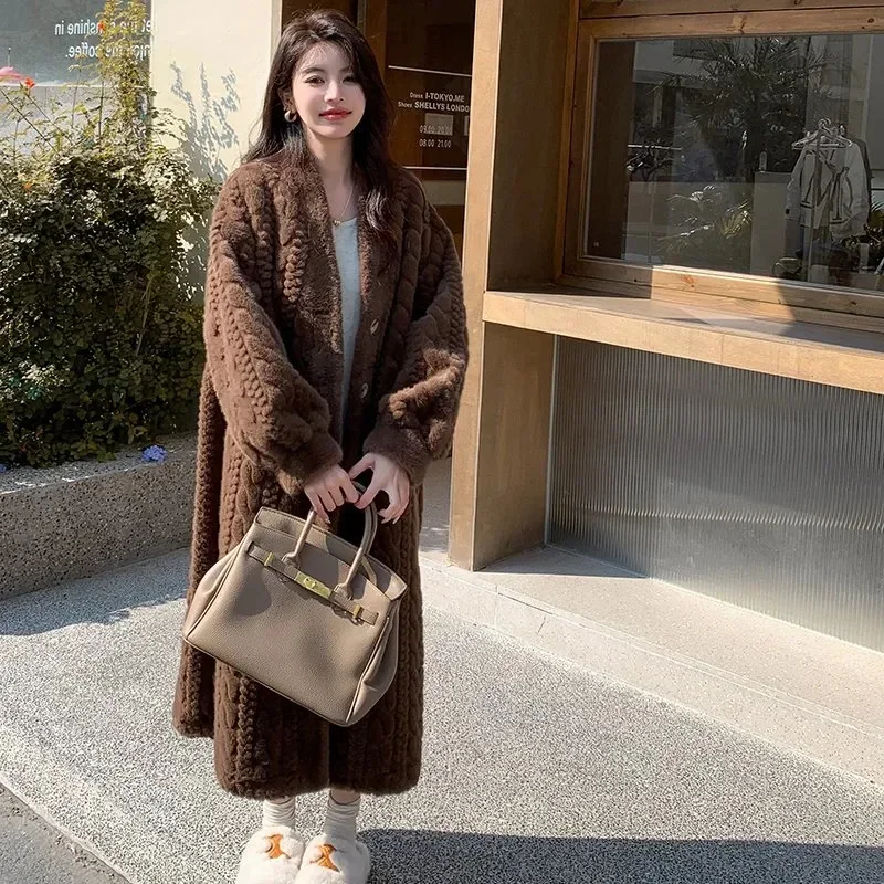 Pop ﻿ 2025 Winter New Thick Women's Long Imitation Mink Plush Cardigan With Integrated Fur Eco-Friendly Hooded Fur Coat Solid Co
