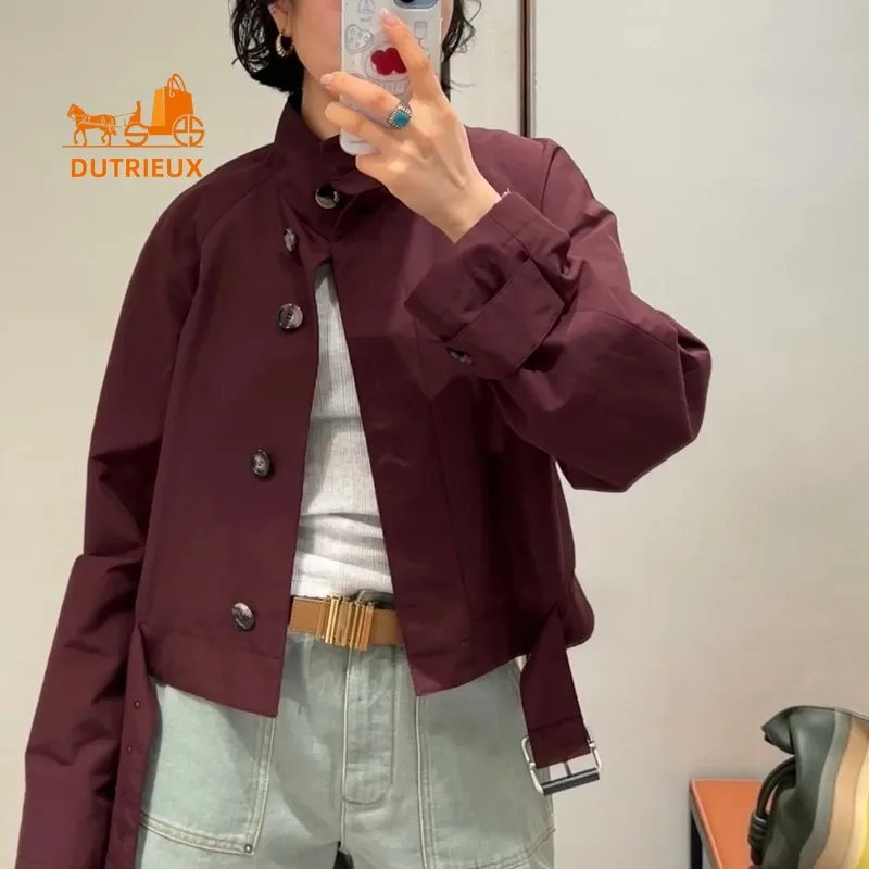 Women's Autumn and Winter Waist Tie Half Turtleneck Jacket,100% Polyester Short Version Versatile Modern and Fashionable Buttons