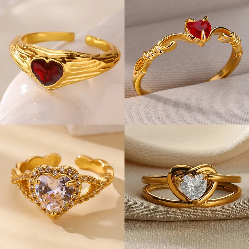 

Punk Red Zircon Heart Rings for Women Stainless Steel Gold Color Cheap Open Ring 2025 New Fashion Wedding Couple Jewelry Gift
