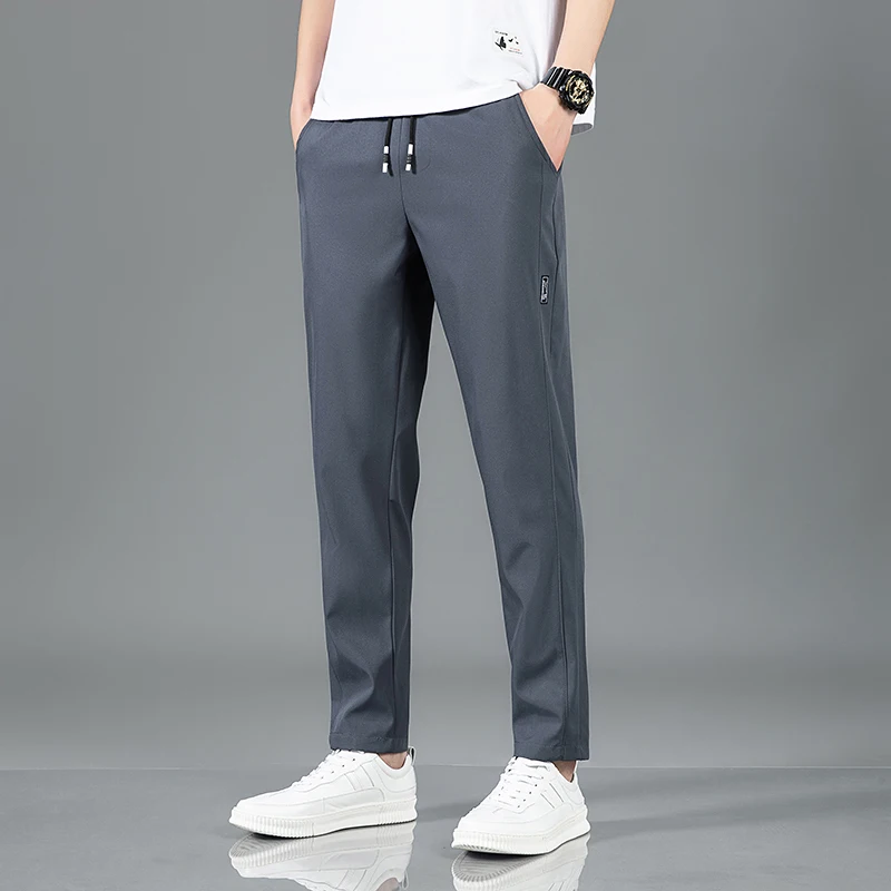 Pantalon de dehors en Soie Glacée pour Homme, Vêtement Décontracté à la Mode, Version Coréenne, Coupe Slim, Polyvalent, Couleur Unie, Tendance, Été