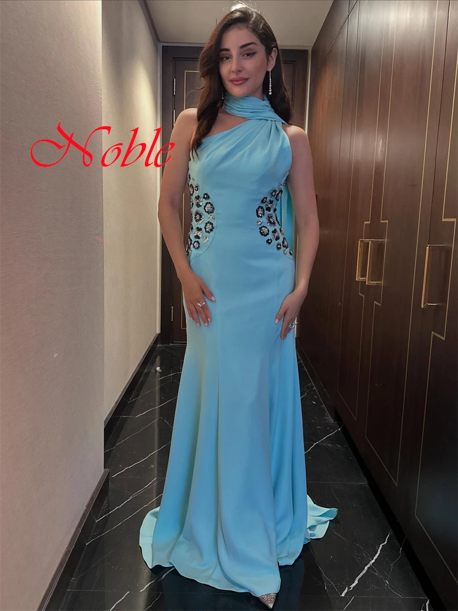 Customized Delicate Light Blue Jersey Evening Dress Graceful One Shoulder Ribbon Zipper Back Beading Flowers Homecoming Dress