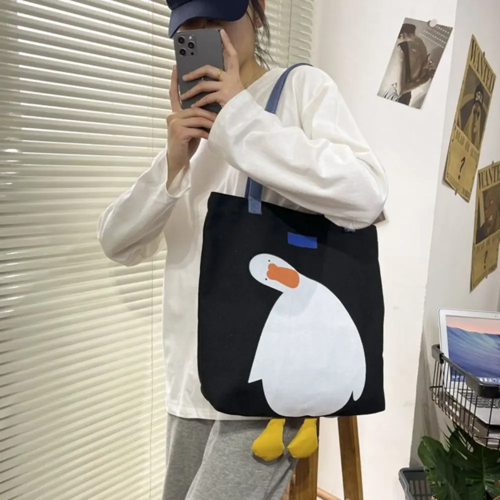 1 Pcs Cute Canvas Tote Bag, Multi-purpose Large Capacity Reusable Duckling Cotton Cloth Bag, Fabric Crossbody Bag