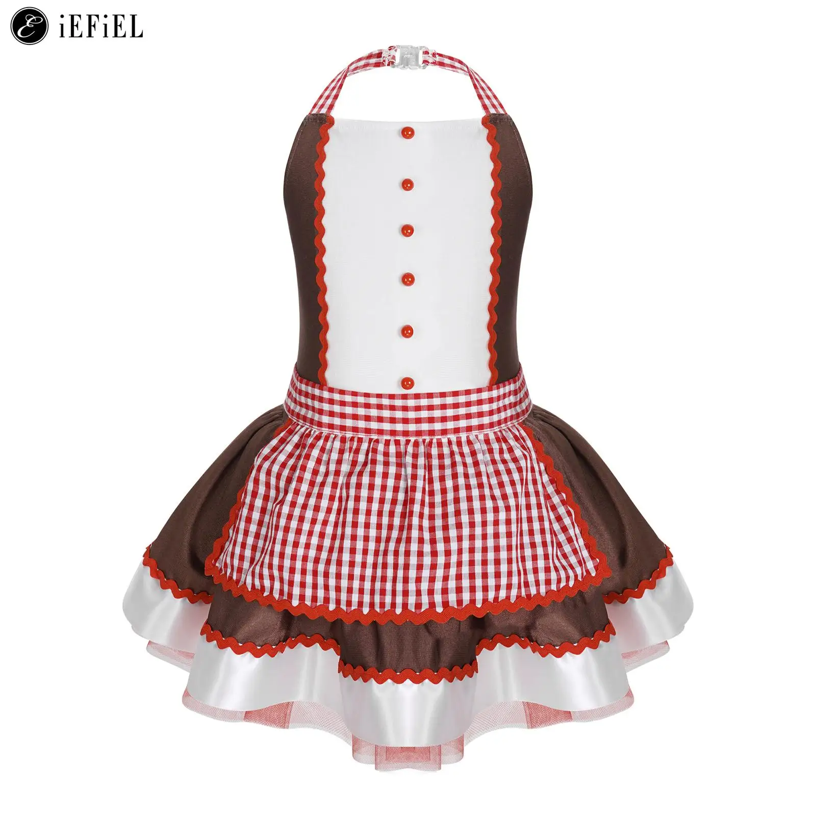 Kids Girls Christmas Gingerbread Man Costume Halter Neck Plaid Tutu Dress Leotard for Xmas Holiday Dance Stage Performance