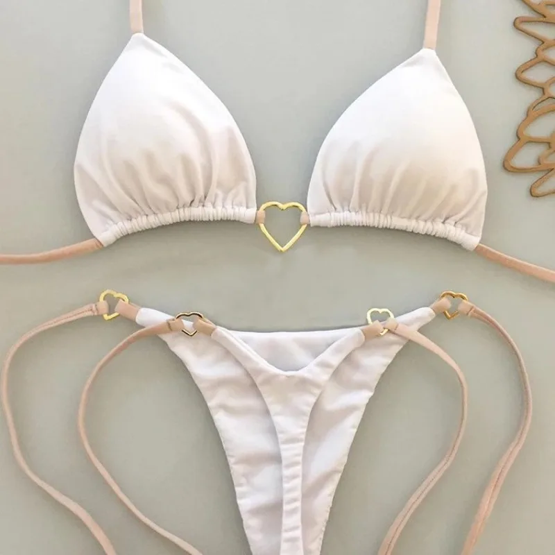 Women Bikini Set Contrast Gold Heart Ring Detail Triangle Top With Tie Side Thong Bottom Sexy Summer Beach Bathing Suit Swimwear view 2