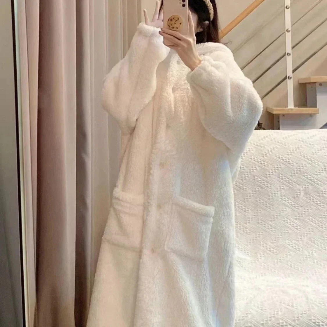 Nightgown Bathrobe Hooded Fall/Winter Cardigan Women\'s Clothing Buttons Loose Large Size Comfortable Casual Home Warm Cute