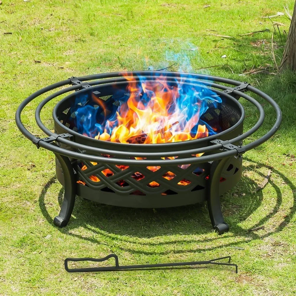 

36 Inch Fire Pit with 2 Loops,Crossweave Wood Burning Fire Pits for Outside,with Spark Screen,Fire Poker,Round Outdoor Firepit f