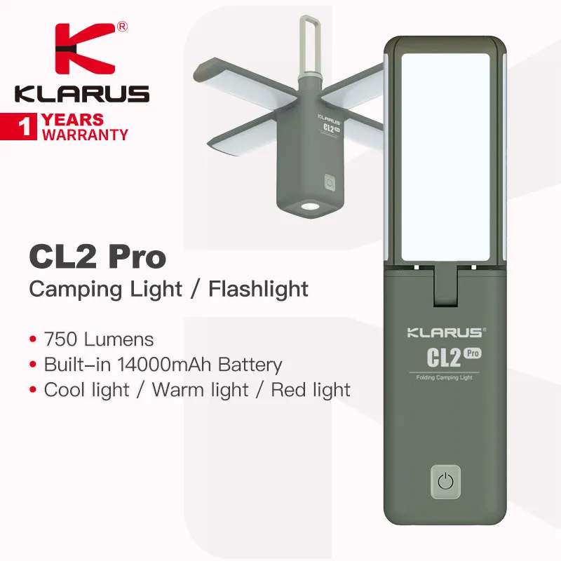 Klarus CL2 PRO Multifunctional Camping Flashlight, Built-in 14000mAh Rechargeable Battery, 750 Lumens, Cool/Warm/Red/SOS Light