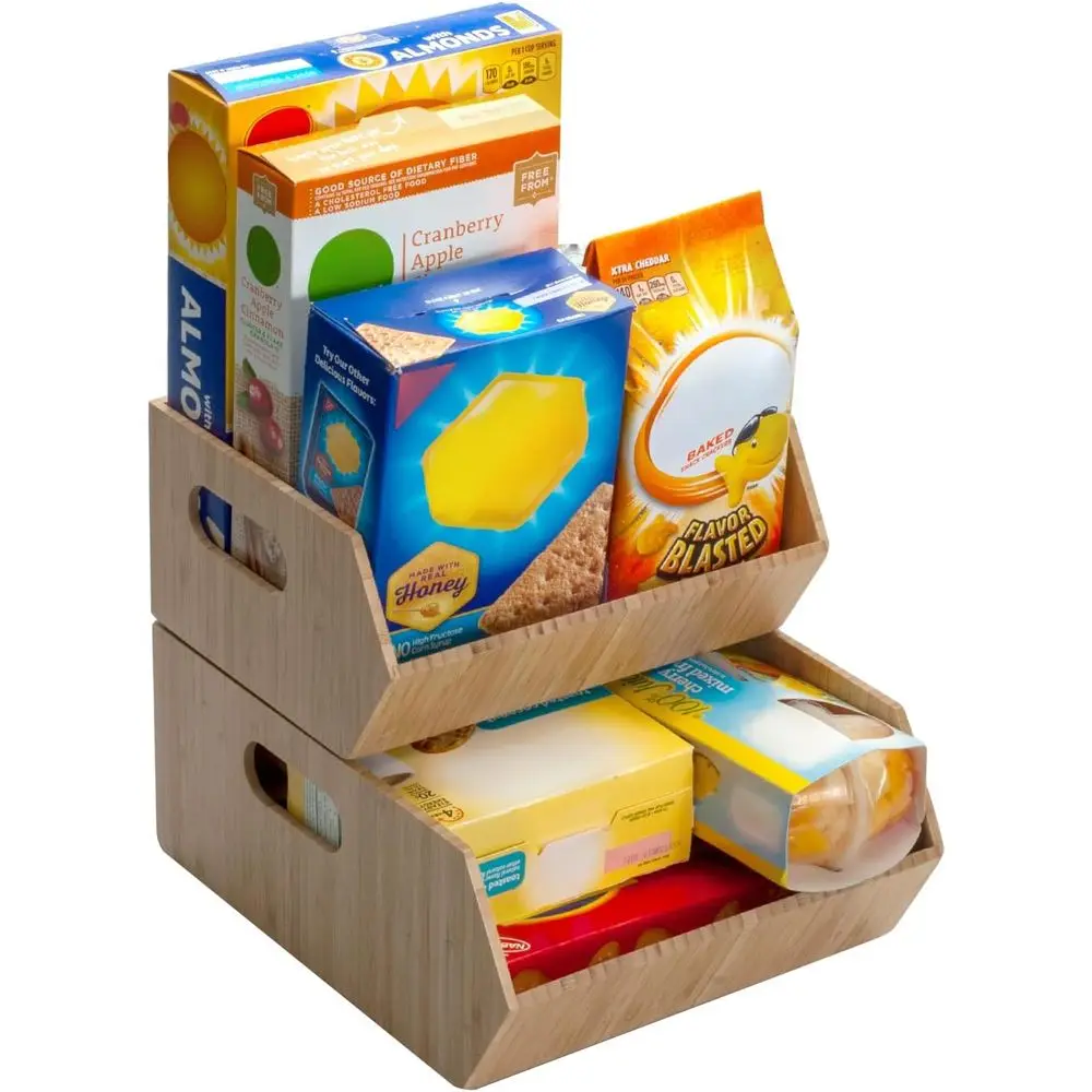 

XL Versatile Bamboo Storage Bins for Pantry & Kitchen Cabinet Organizer Multi-Purpose / 2 Piece Stackable Set Larger Bins