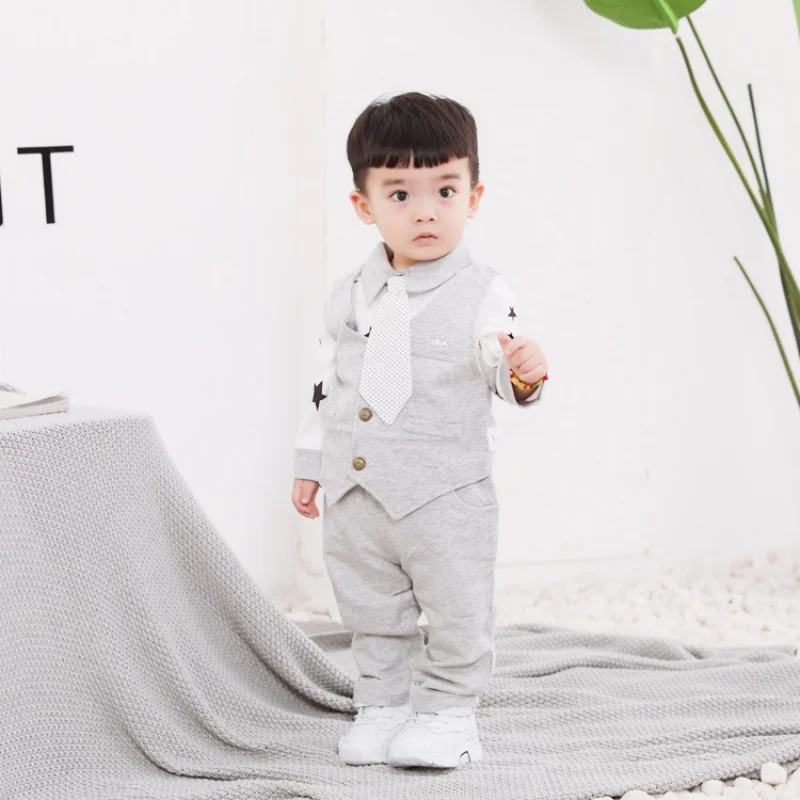 Baby boy clothes baby boy one-piece jumpsuit autumn gentleman separate three-piece set outdoor clothing romper for boy