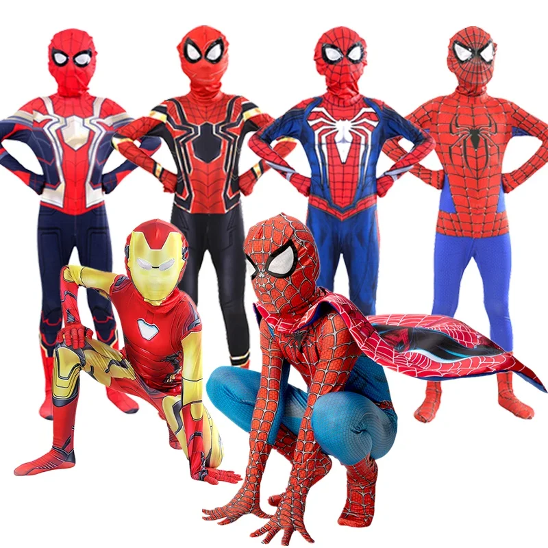 Kids Boys Cosplay New Spiderman Costume Suit with Mask Cape Unisex Superhero Movie Character Bodysuits Boys Christmas Gift*8*Q