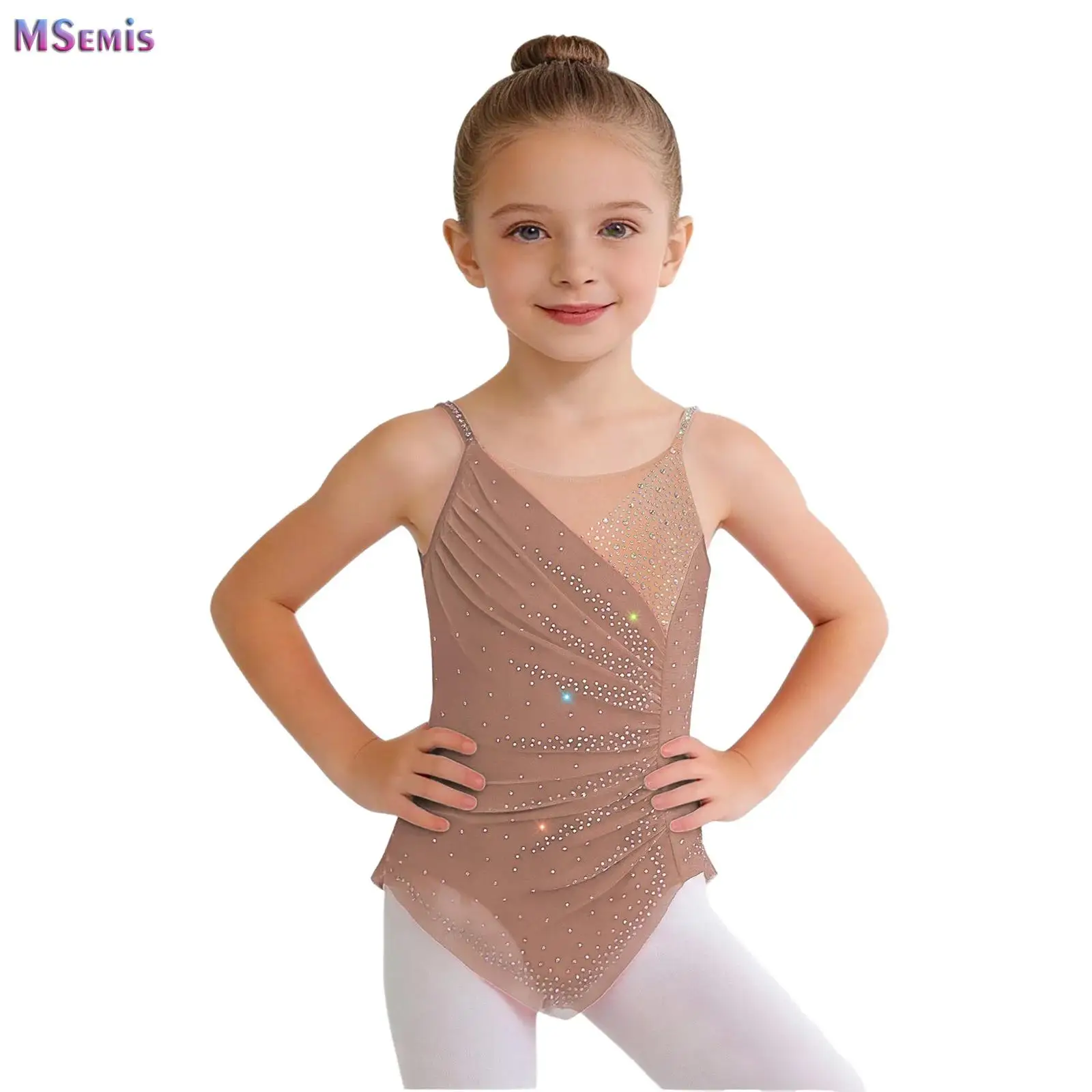 

Kids Girls Ruched Mesh Rhinestone Gymnastics Ballet Jersey Skirted Leotards Artistic Figure Skating Dress Lyrical Dance Wear