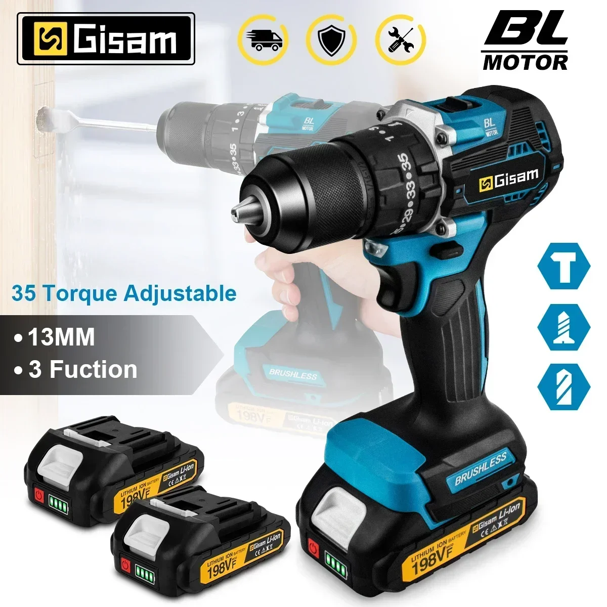 GIsam 13mm Electric Drill Brushless High-Power Impact Screwdriver Dual Speed 35+3 Torque Power Tool for Makita 18V Battery