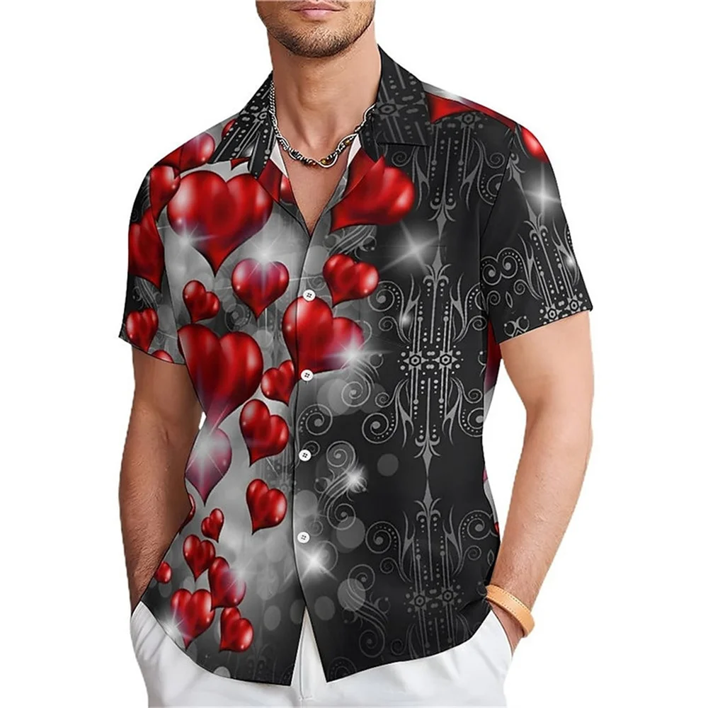 Camisa informal con forma de corazón para hombre, Camisa ajustada de manga corta, tejido elástico de cuatro vías, ideal para el fin de semana y el Día de San Valentín, novedad