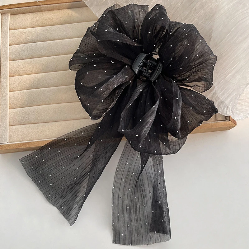 Fashion Large Bow Ribbon Hair Claw Super Fairy Temperament Glitter Rhinestone Hair Clip Girl Korean Style Sweet Hair Accessories