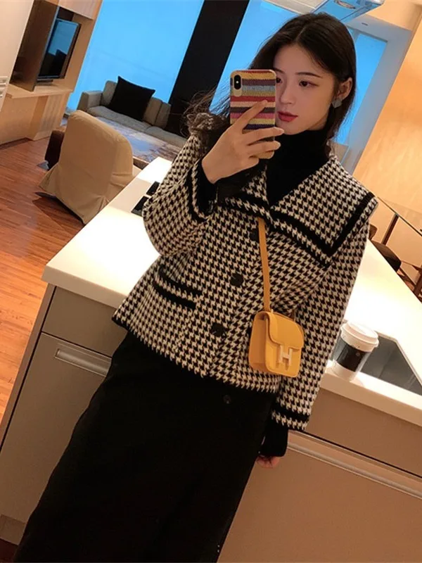 

Корейская верхняя одежда Sle ort, женский модный темно-синий воротник в клетку в стиле ретро, высококачественный топ на осень, Новое поступление