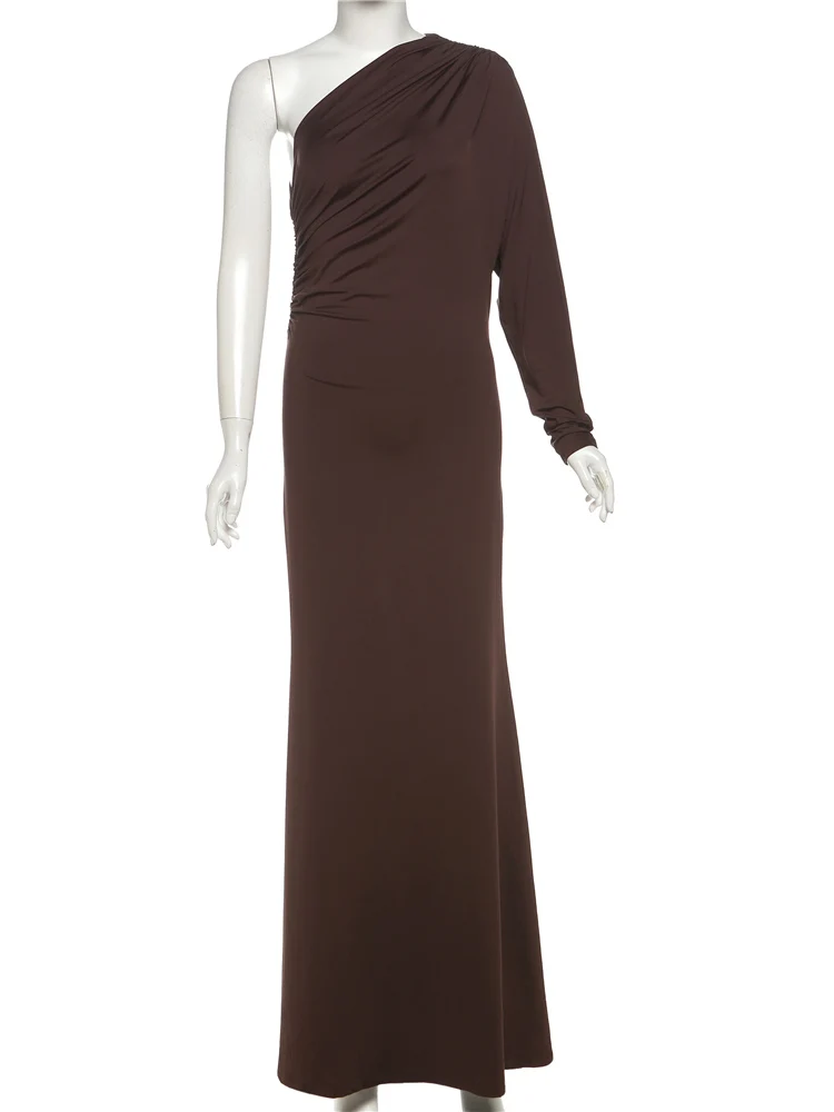 Macheda Skew Kragen Eine Schulter Kleid Frauen Herbst Straße Neue Trend Solide Dünne Stretch Geraffte Elegante Klassische Lange Bodycon