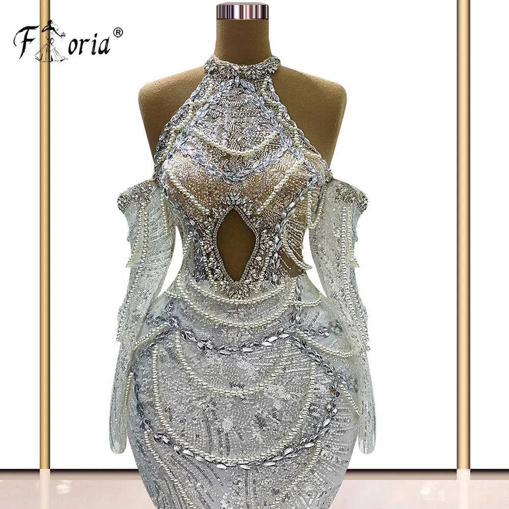 Elegant Pearls Beaded Evening Dress White Mermaid Long Sleeve Floor Length See Through Off Shoulder Prom Dress Robe De Soiree