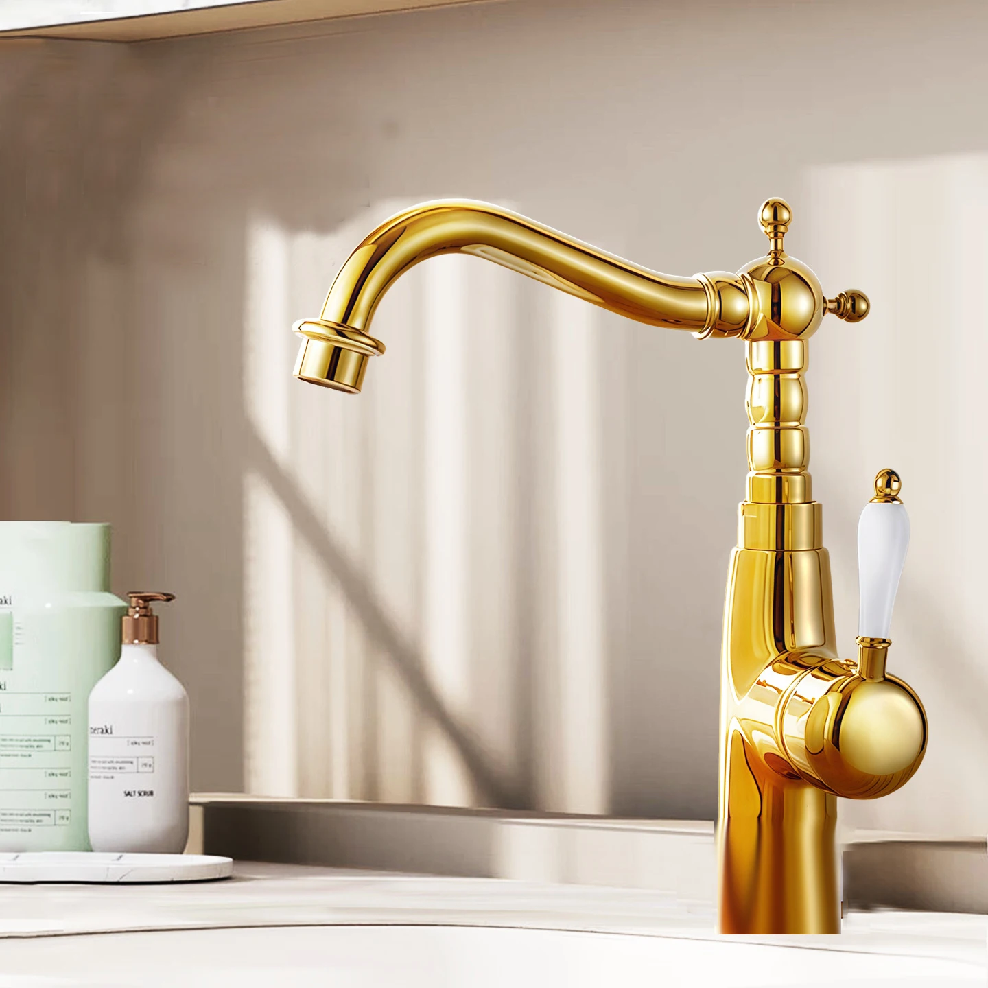 

Латунный смеситель для раковины и раковины золотого цвета для кухни и ванной комнаты, смеситель для туалетного столика с одной ручкой