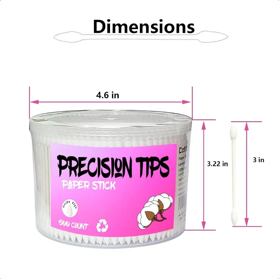 Hisopos de algodón con punta puntiaguda, 500 unidades de bastoncillos de algodón, puntas de doble precisión con barra de papel para el cuidado personal y el maquillaje