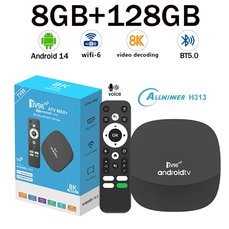 

ТВ-приставка TV98 ATV MAX Plus 8K Ultra 4K 4G 5G Dual WiFi Android 14 BT5.0 8GB 128GB Allwinner H313 с голосовым пультом дистанционного управления, медиаплеер для IPTV.