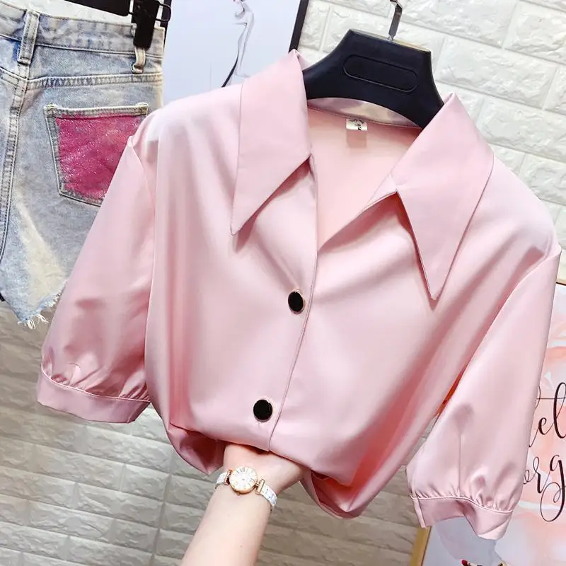 Korean New Solid Color Basic Shirt Female Clothing Single-breasted 2023 Summer Thin Half Sleeve Stylish Turn-down Collar Blouse