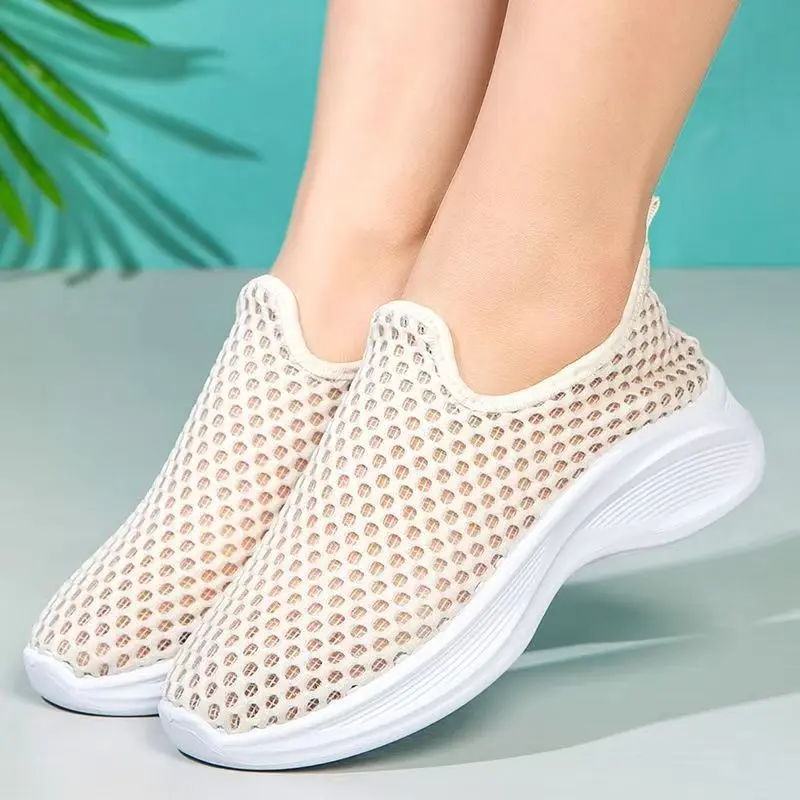 

Women's Summer New Big Mesh Hollow Casual Sports Shoes Soft Sole Non Slip Lightweight Slip On Big Size Breathable Walking Shoes