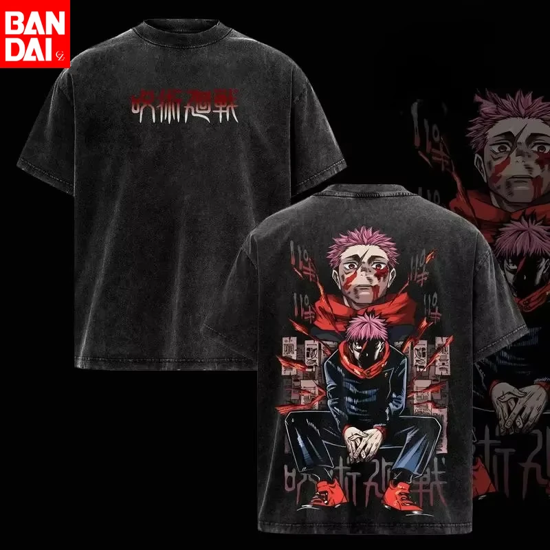 

2026 Summer Sporty Anime Jujutsu Kaisen Sukuna Print Washed T Shirt Men Oversized Streetwear Harajuku Cotton Short Sleeve Tops