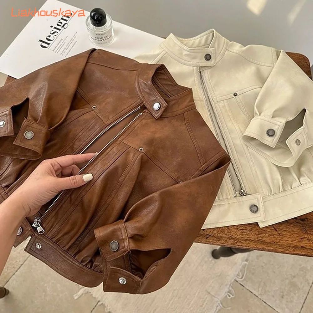 Kids PU Leather Jacket 2026 New Solid Color Zipper Coat Handsome Cool Outerwear For 2-14Y Boys Girls Baby Children Casual Daily