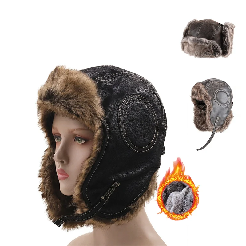 Unisex Winter Ushanka Hat Trapper Aviator Trooper Earflap Warm Faux Fur Leather Waterproof Ski Hat Bomber Cap Ear Protectors Hat