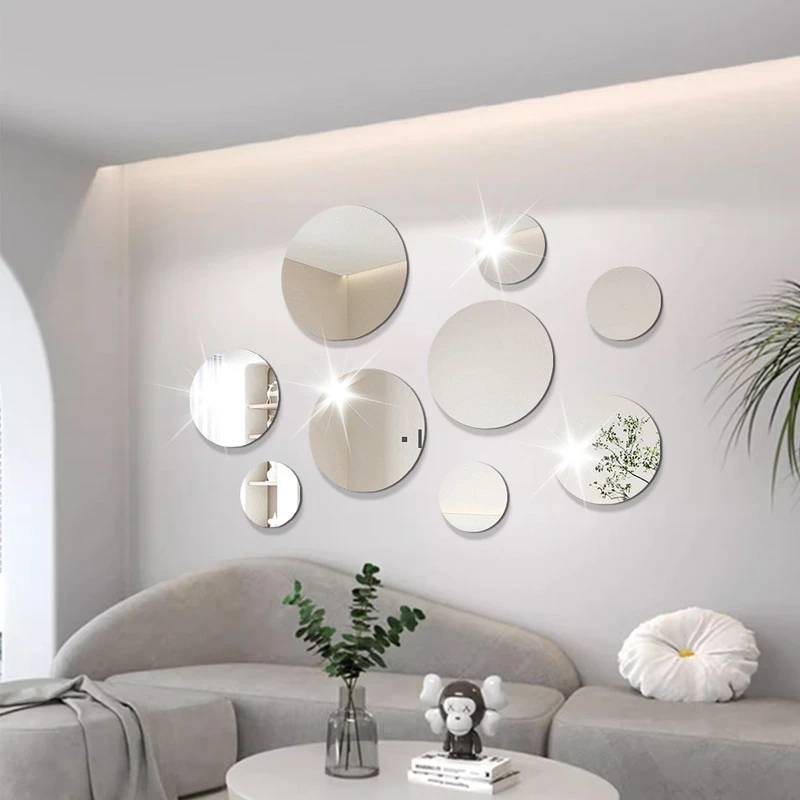 9pcs 2D Round Acrylic Mirror Wall Stickers Decorative Living Room Bedroom Background Wall Decals Self-Adhesive Mirror Stickers