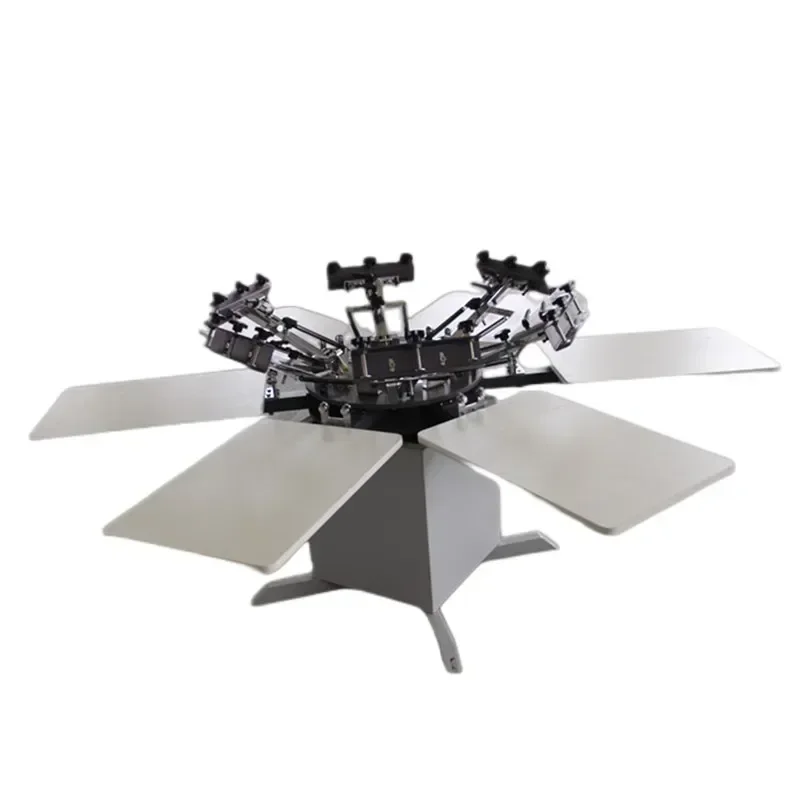 آلة الطباعة المحمولة 220 فولت بيع المصنع مباشرة 6 ألوان 6 محطة آلة الطباعة الدوارة تي شيرت الملابس الطباعة الملونة