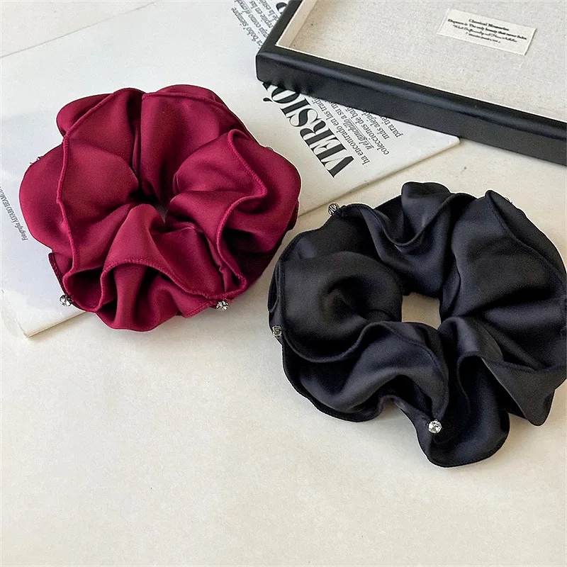 

Wholesale Ins Hot Sale Retro Red Satin Large Size Elastic Scrunchie High Sense Rhinestones Hair Accessories For Woman Girls