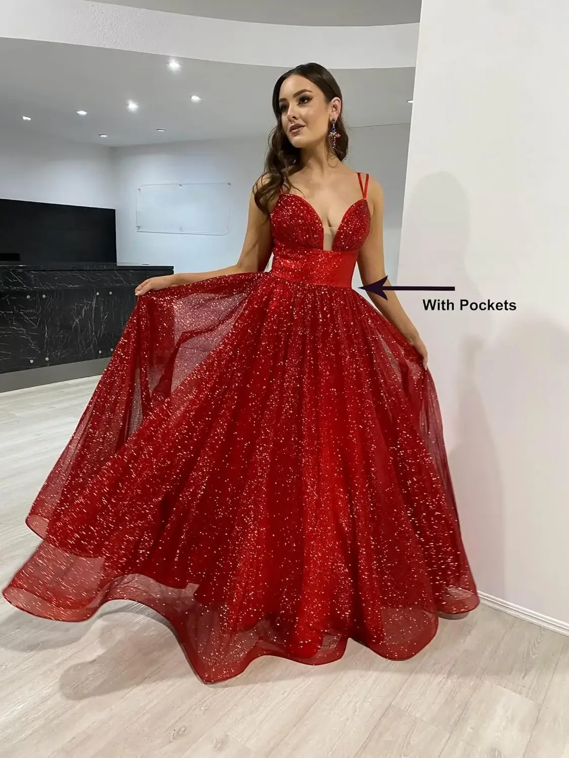 

Spaghetti Straps Corset Ruched Long Formal Evening Party Gown party dresses women evening Glitter Tulle Prom Dress with Pockets