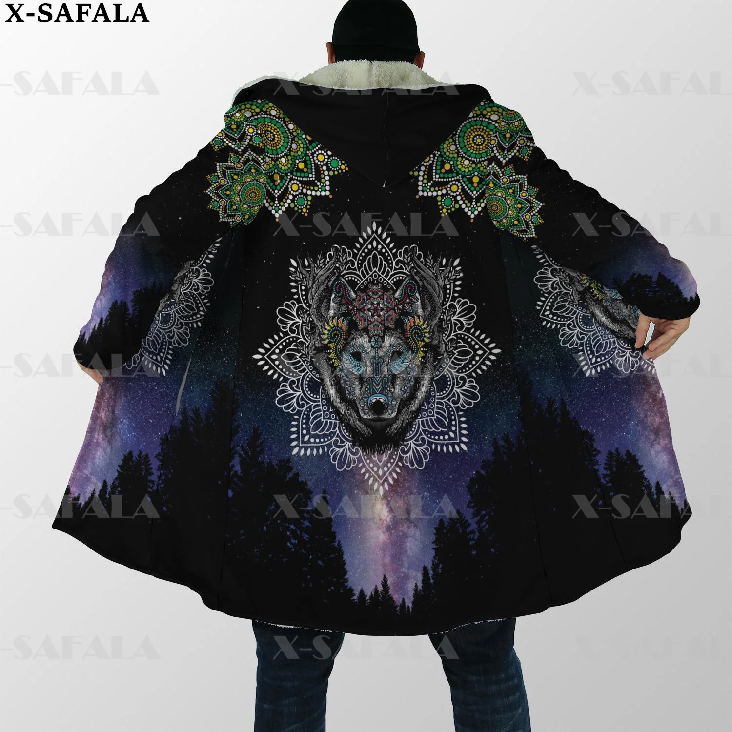 Fenrir Viking Night Dark Wolf Tattoo Print Thick Warm Hooded Cloak Men Overcoat Coat Windproof Fleece Cape Robe Blanket-7