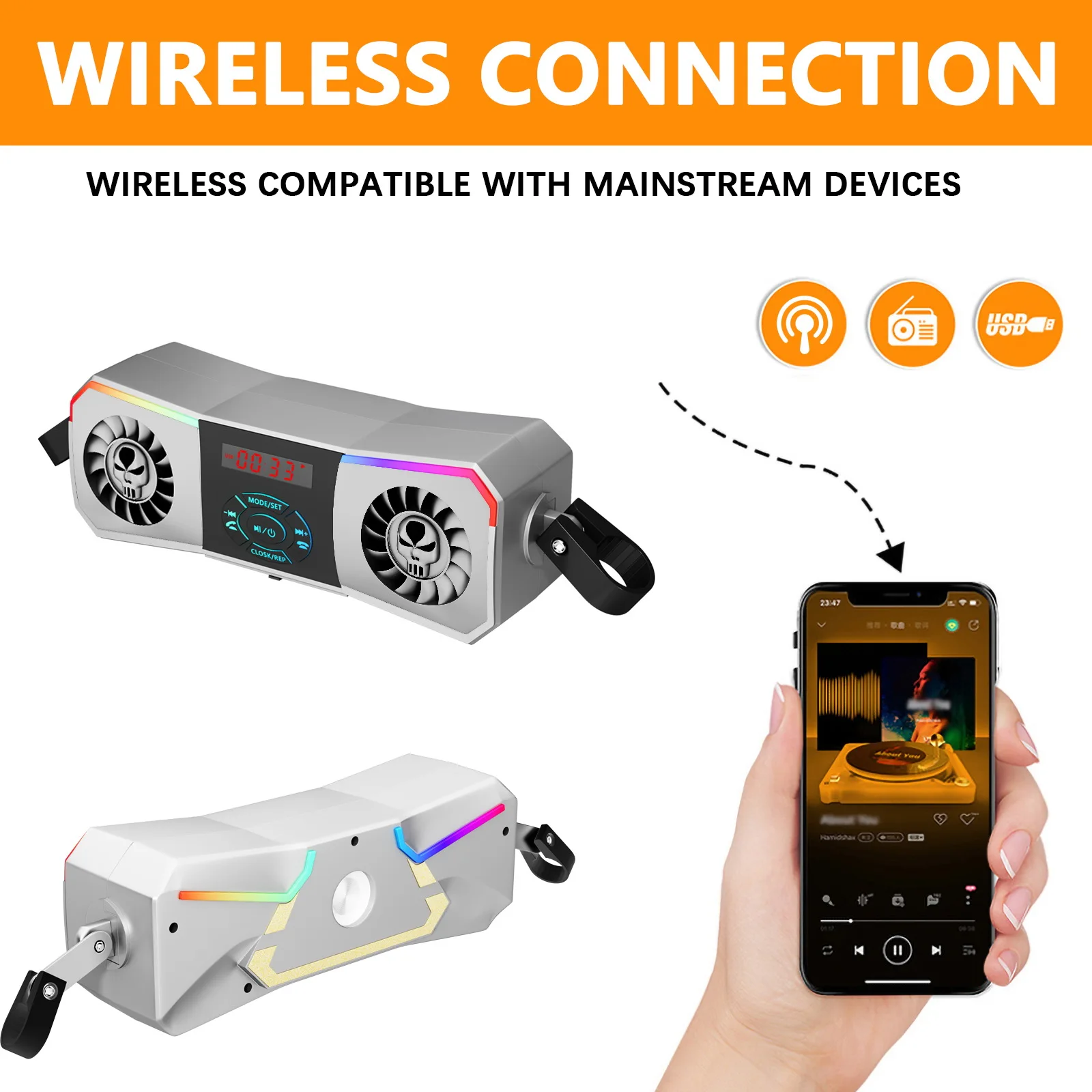 Motorcycle Speaker/Wireless Stereo System/Controller Installation/MP3 Player/FM Radio/No Charging Function