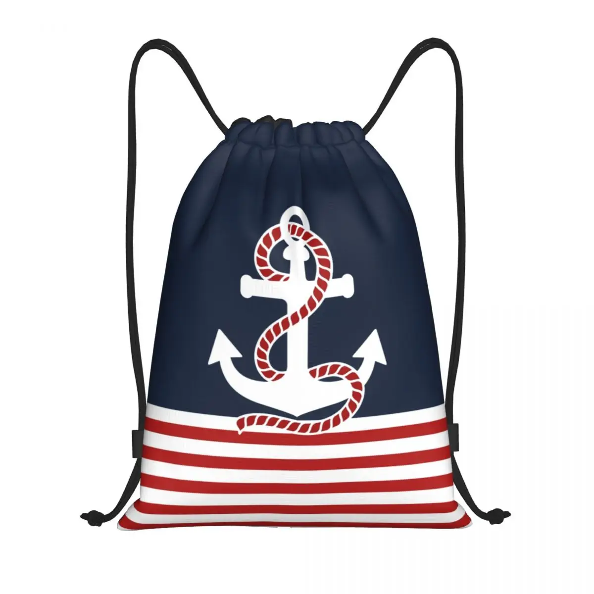 

Custom Nautical Stripes And Red Anchor Drawstring Bag Women Men Lightweight Sailing Sailor Sports Gym Storage Backpack