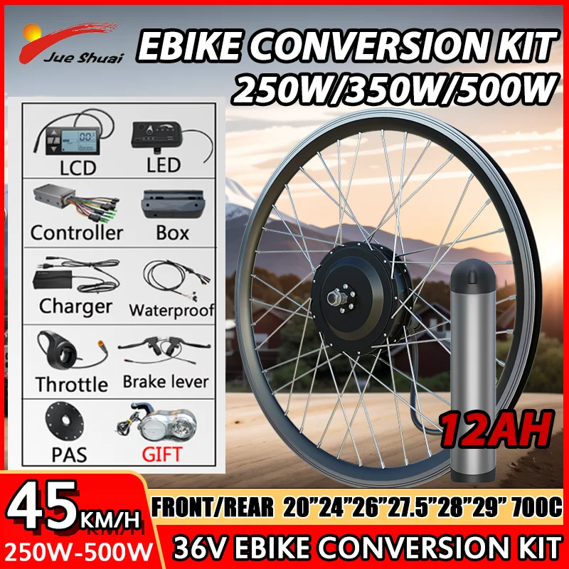 Electric Bike Conversion Kit 36V 250-500W Hub Motor Front Rear 20''24''26''27.5''700C Electric Bicycle 12A Lithium Battery Ebike