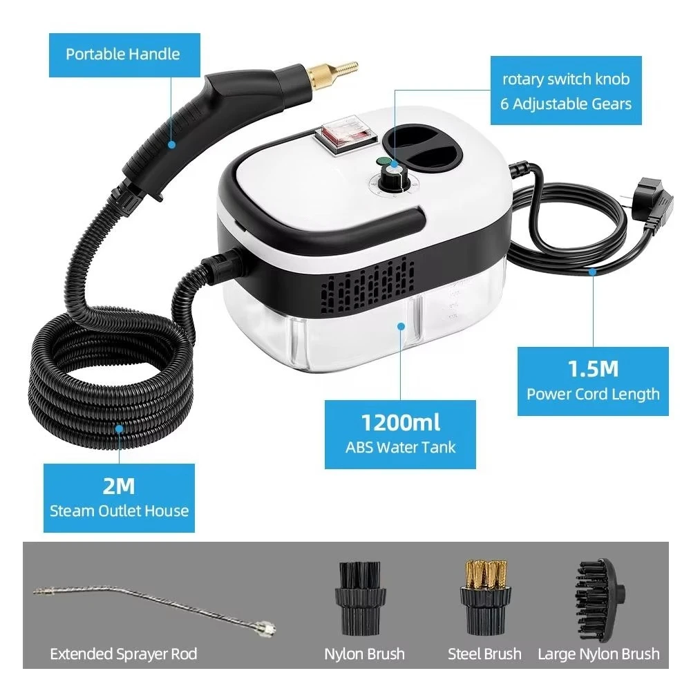 Household Car Cleaning Electric Steam Cleaner 2500 Watts Portable Handheld 1200 ml Water Tank 3 Bar Pressure Multifunction