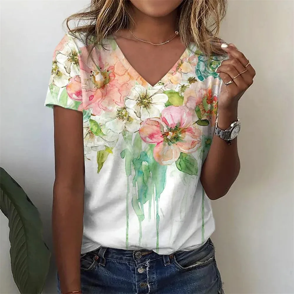 Mulheres plantas e flores camiseta de manga curta estampada 3D com decote v, roupa de rua, moda casual, verão