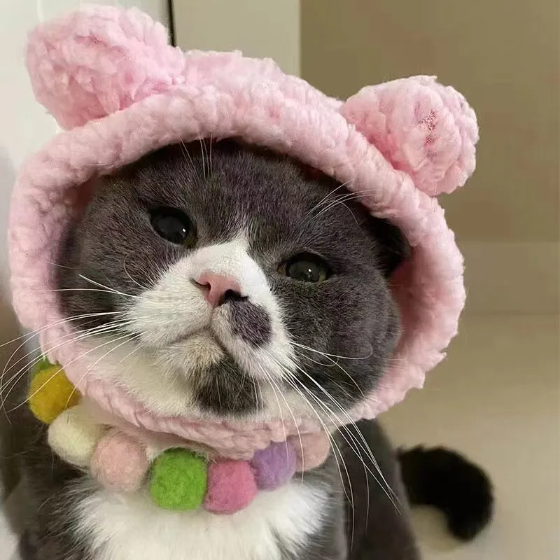 Soft Fluffy Pet Dog Hat Solid Pink Warm Hats For Cats Autumn Winter Bear Pet Head Accessories Cosplay Christmas Kitten Supplies