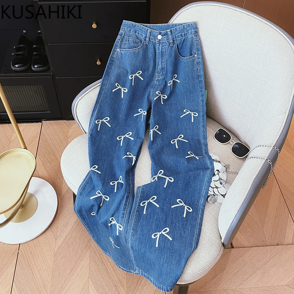 KUSAHIKI Bow Print High Waisted Straight Leg Wide Leg Denim Pants for Women 2024 Autuum New Jeans Long Trousers