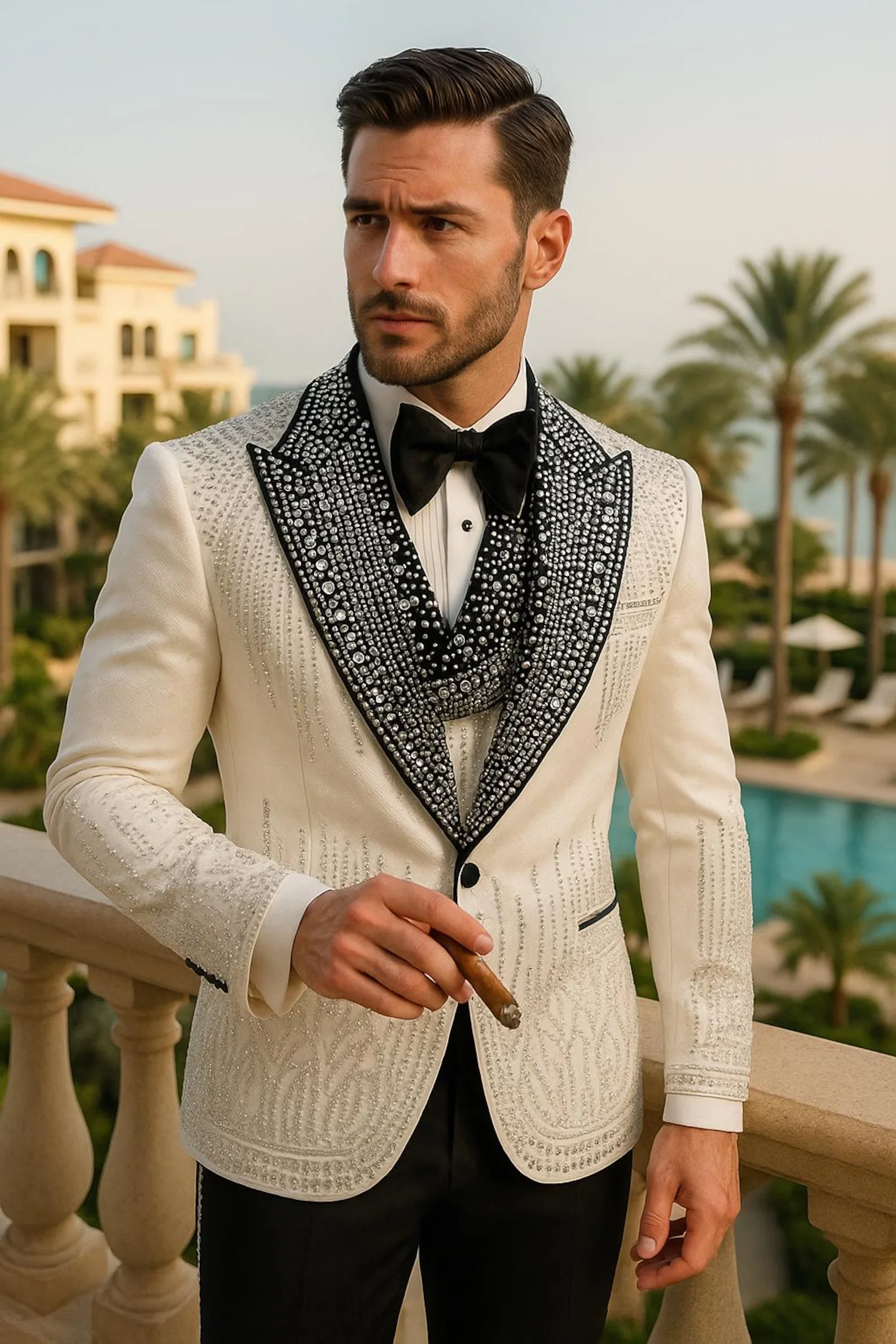 Luxury Black Men's 2-Piece Tuxedo Set with Customized One-Button Slim Fit Lapel Jewelry Decoration for Wedding Groom