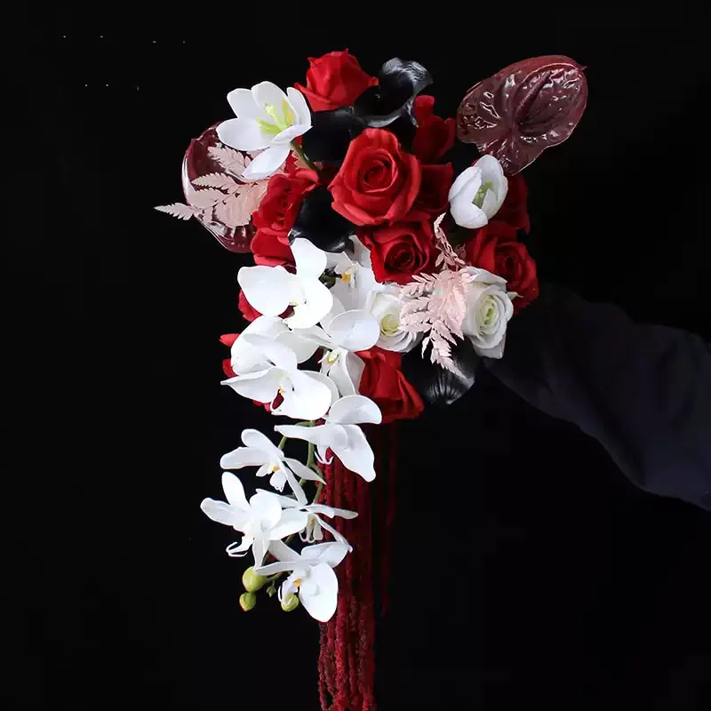 

PEORCHID осень зима красные свадебные каскадные букеты искусственные цветы невесты букет настоящий сенсорный орхидеи розы букет водопадов
