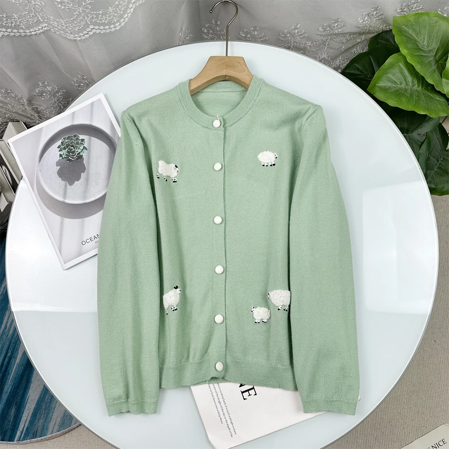 

Элегантный вязаный кардиган с вышивкой, женский, мятно-зеленый, с круглым вырезом, 3D-декор, длинный рукав, повседневный стиль, весна 2026