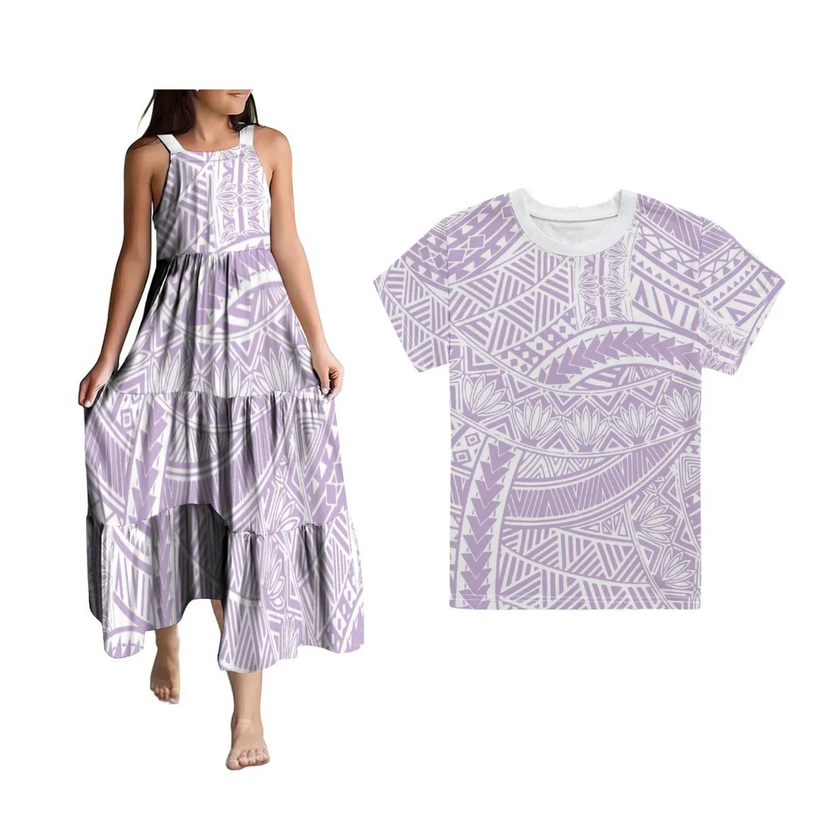 Samoa Children'S Short Sleeve And Dress Matching Polynesian Girl Halter Printed Long Dresses Hawaii Children'S Short Sleeve