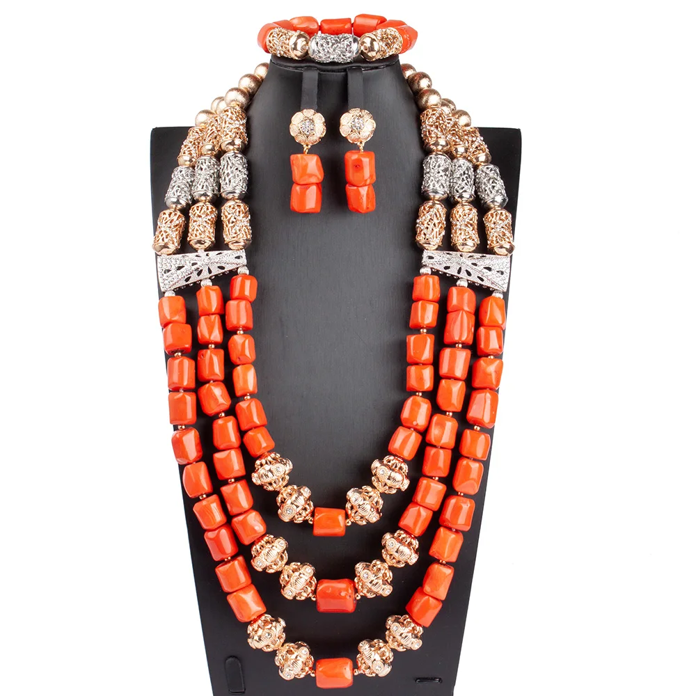 

Handmade Nigeria Natural Coral Bead Necklace Earrings Bracelet Suit Gold African Wedding Jewelry Set For Women ABG222
