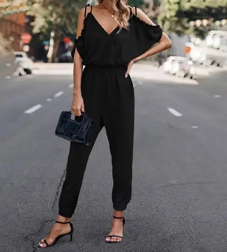 قميص بدون أكمام على الموضة لربيع وصيف 2025، سراويل غير رسمية مكشوفة الأكتاف، بذلة خصر فضفاضة، ملابس نسائية