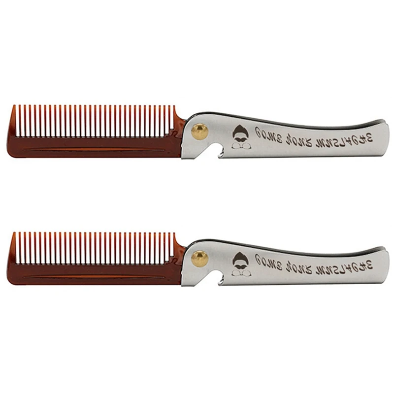 

2 Pcs Brown Men Folding Pocket Comb PP Teeth Detangling Hair Beard Comb Metal Handle Foldable Combing Mustache Comb