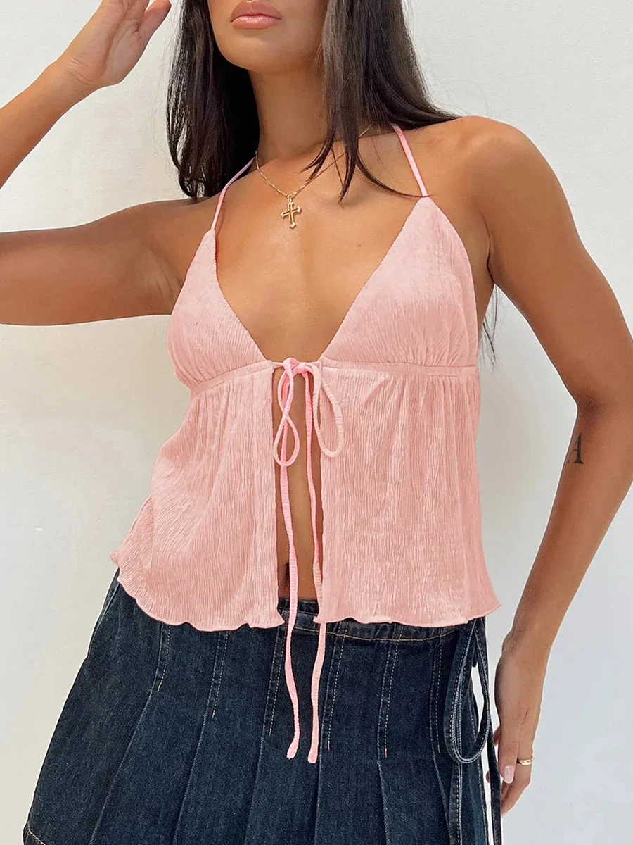 Women Y2k Front Tie Crop Tops Halter Neck Flowy Plisse Summer
