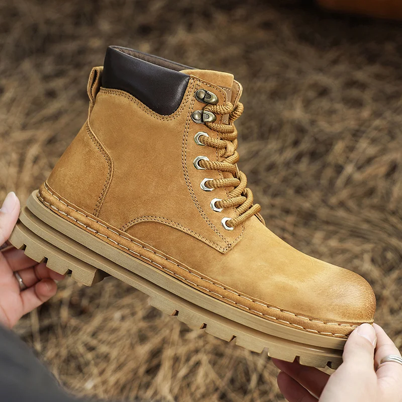 

Classic Genuine Leather Motorcycle Boots Mens High Quality Male Ankle Boots New Fashion High Top Warm Plush Fur Motorcycle Shoes